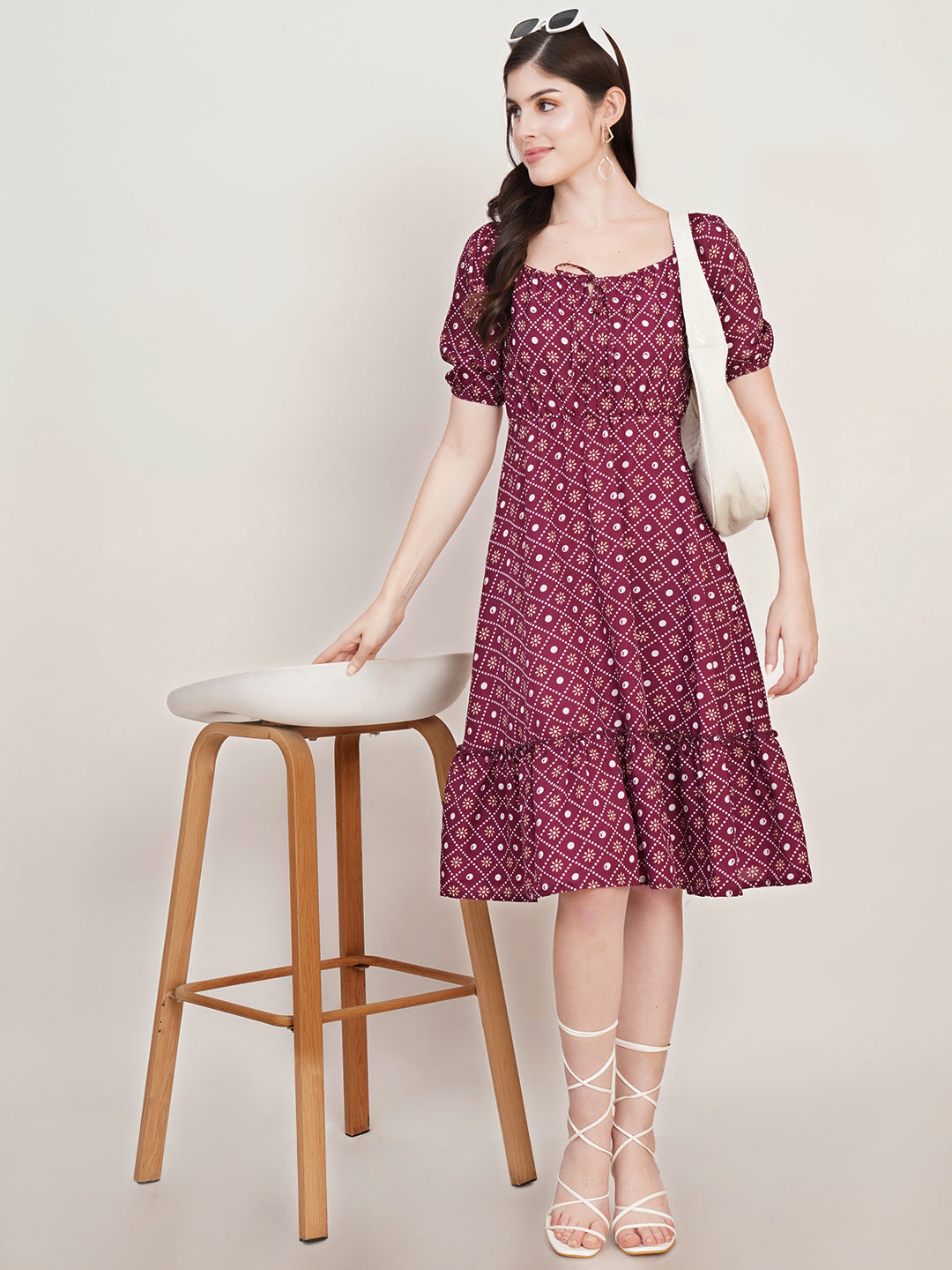 Women Polka Dot Print Puff Sleeve Crepe Fit & Flare Dress
