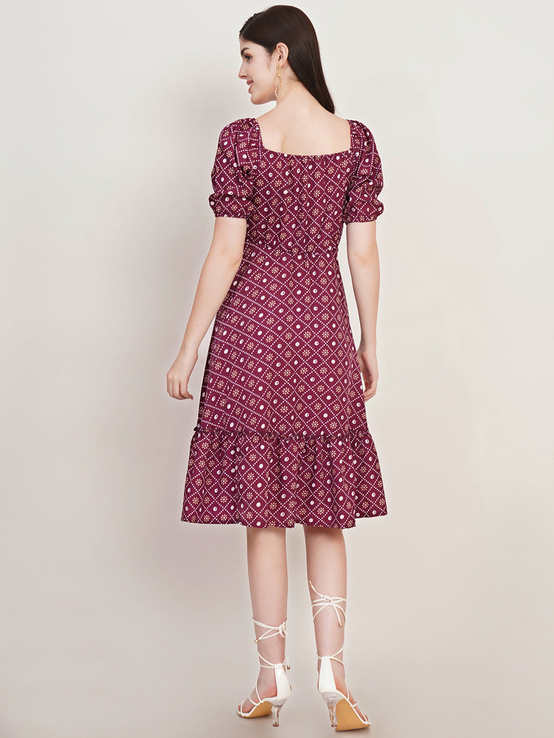 Women Polka Dot Print Puff Sleeve Crepe Fit & Flare Dress