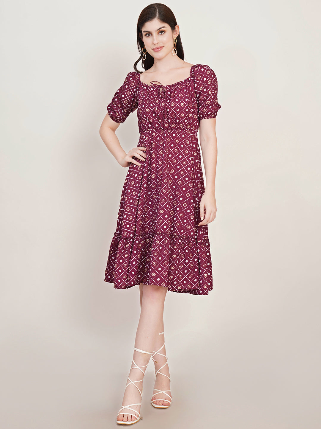 Women Polka Dot Print Puff Sleeve Crepe Fit & Flare Dress