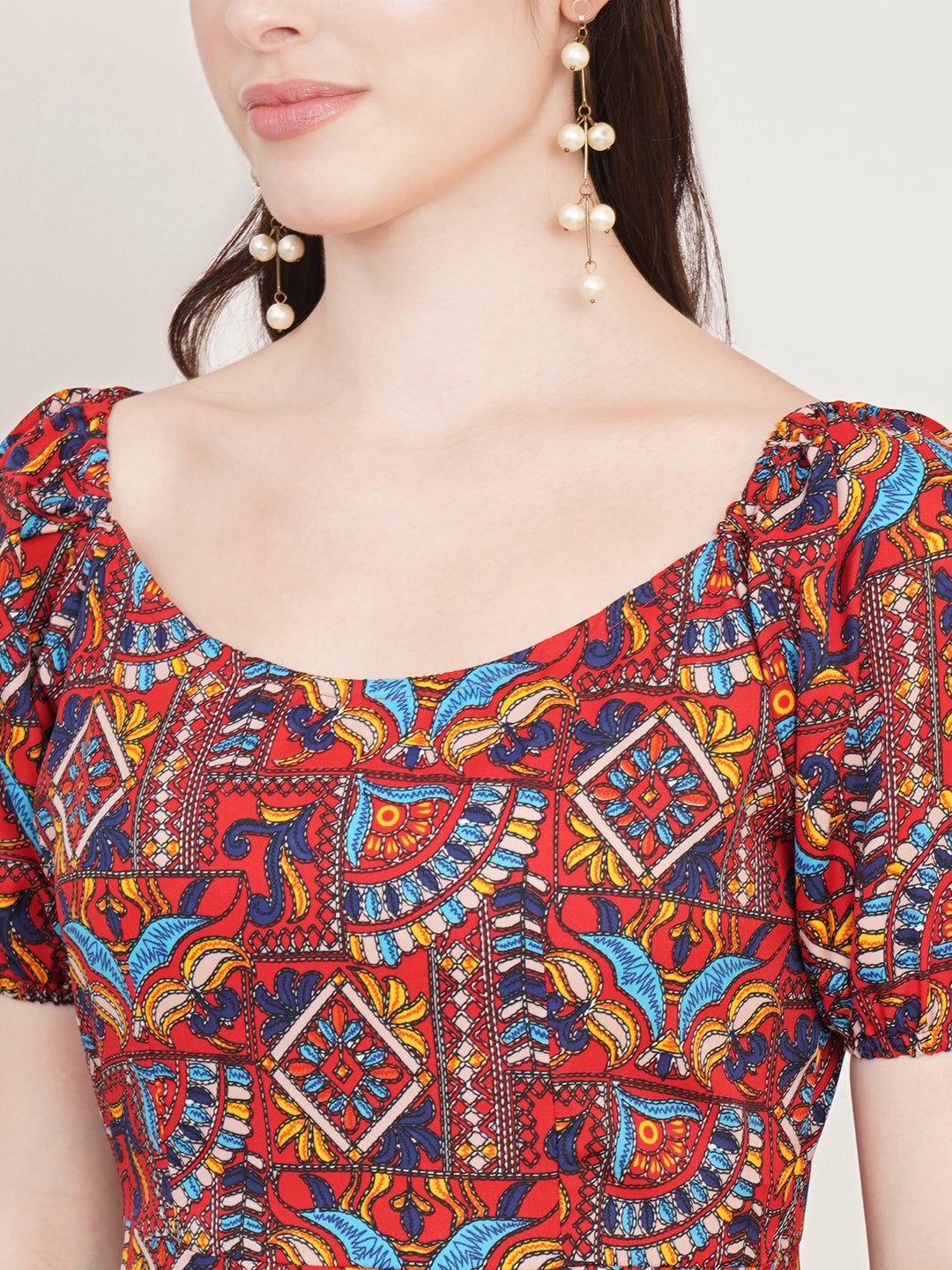 Women Rust Ethnic Motifs Printed Puff Sleeve Crepe Sheath Dress