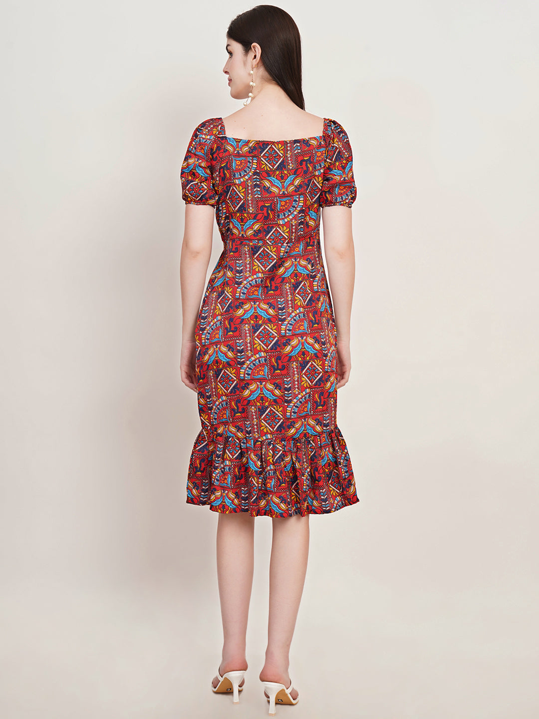 Women Rust Ethnic Motifs Printed Puff Sleeve Crepe Sheath Dress