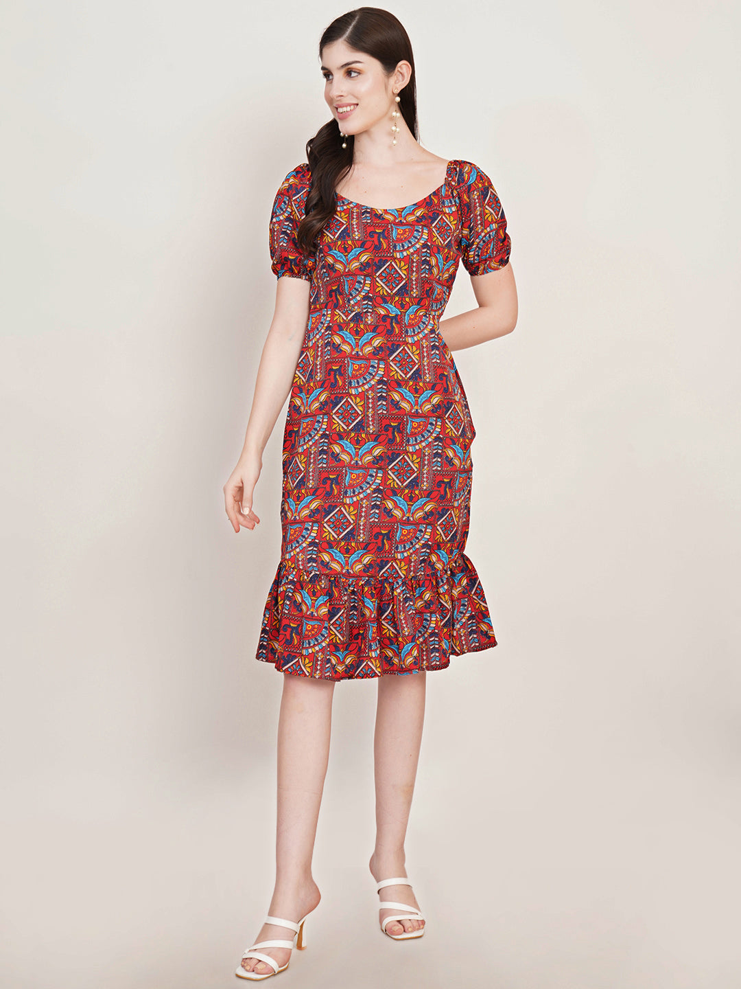 Women Rust Ethnic Motifs Printed Puff Sleeve Crepe Sheath Dress
