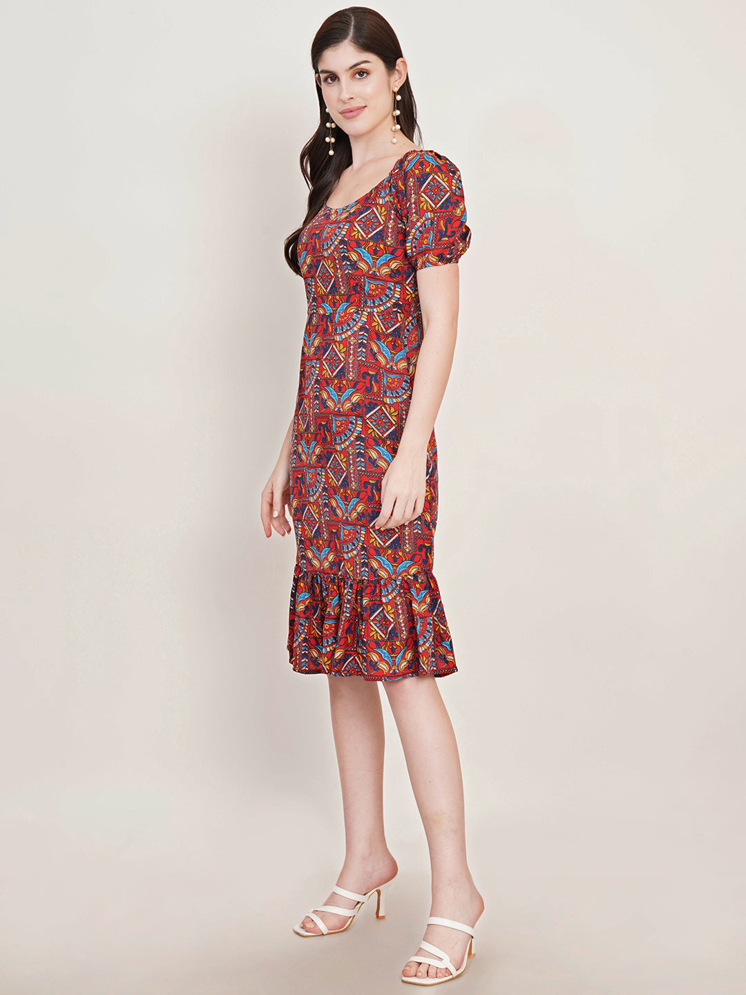 Women Rust Ethnic Motifs Printed Puff Sleeve Crepe Sheath Dress