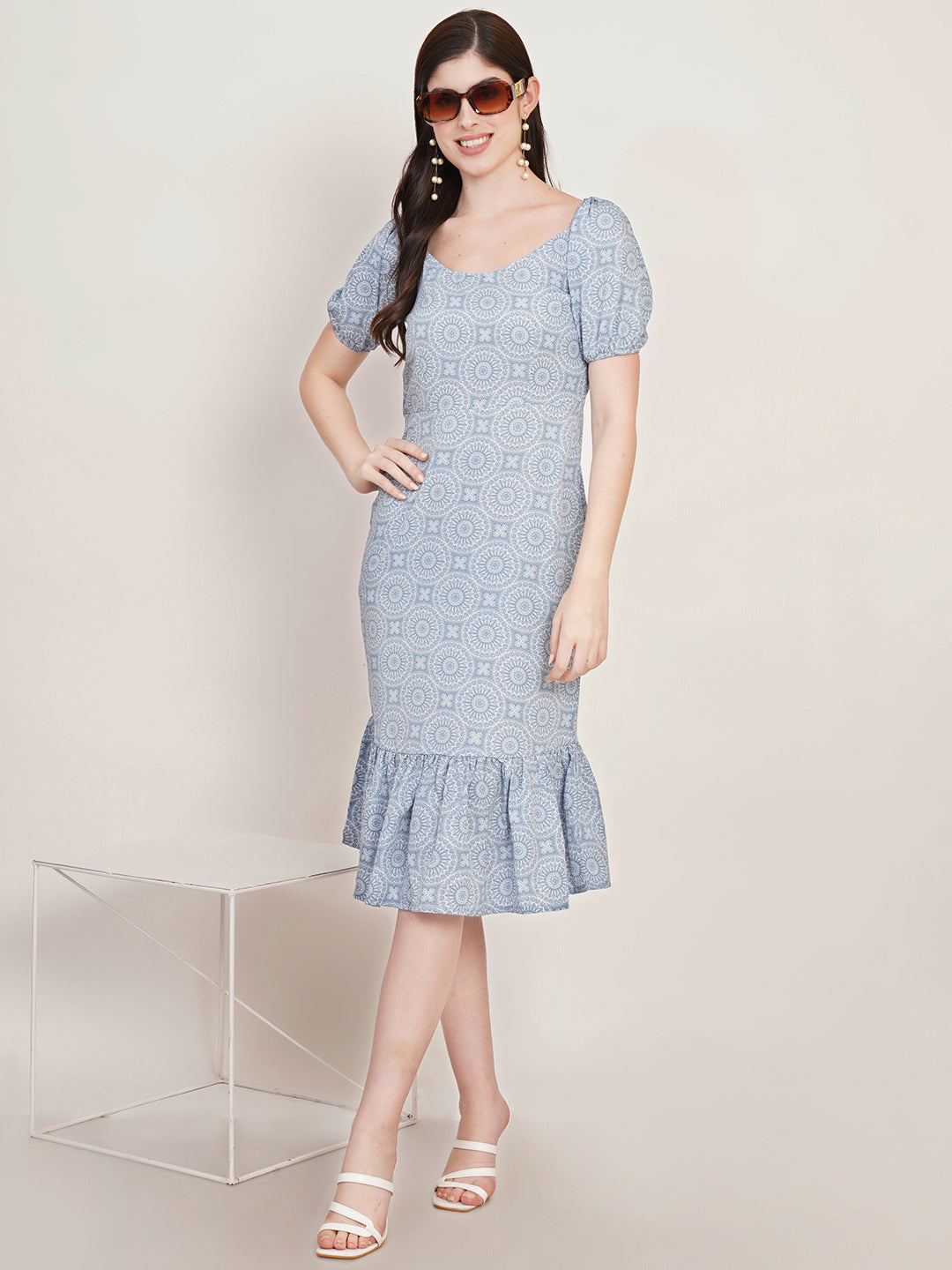 Women Puff Sleeve Crepe Drop-Waist Midi Dress