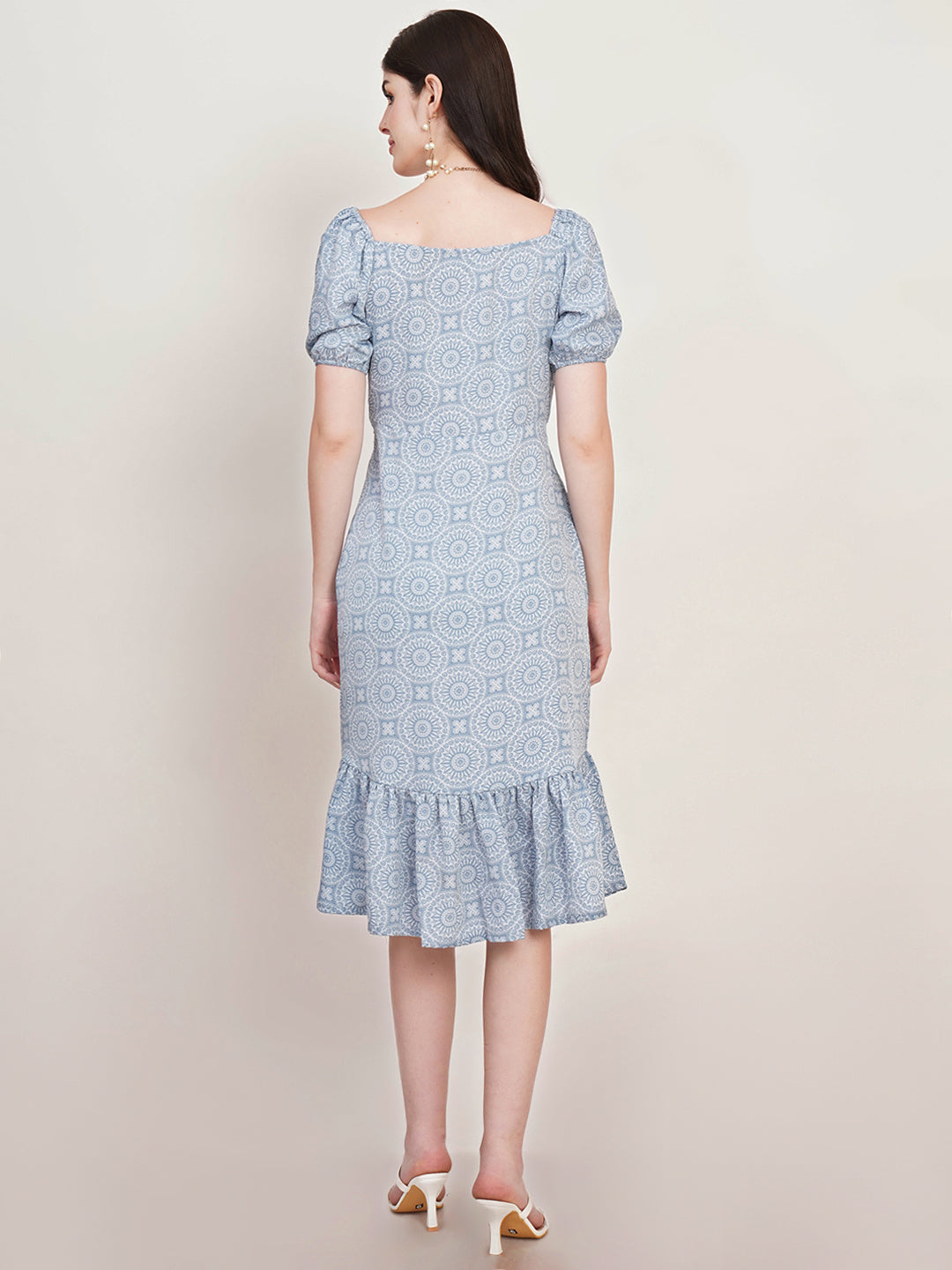 Women Puff Sleeve Crepe Drop-Waist Midi Dress