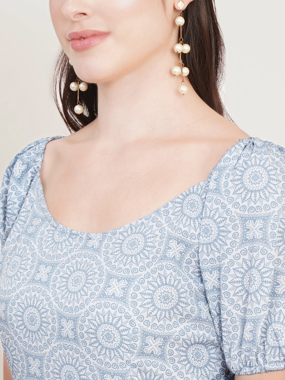 Women Puff Sleeve Crepe Drop-Waist Midi Dress