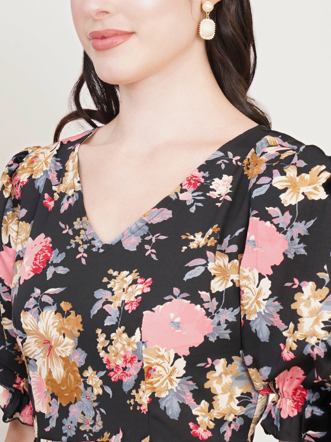 Women Floral Print Puff Sleeve Crepe Fit & Flare Maxi Dress