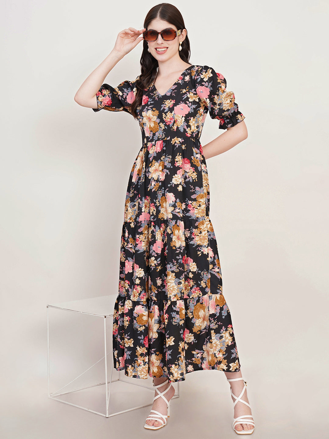 Women Floral Print Puff Sleeve Crepe Fit & Flare Maxi Dress
