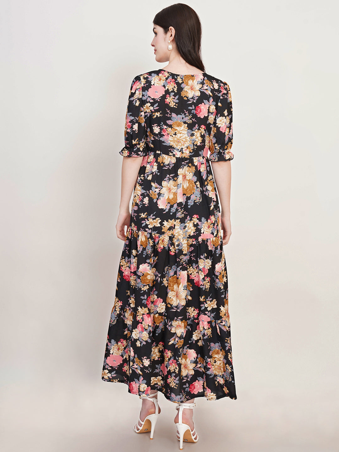 Women Floral Print Puff Sleeve Crepe Fit & Flare Maxi Dress