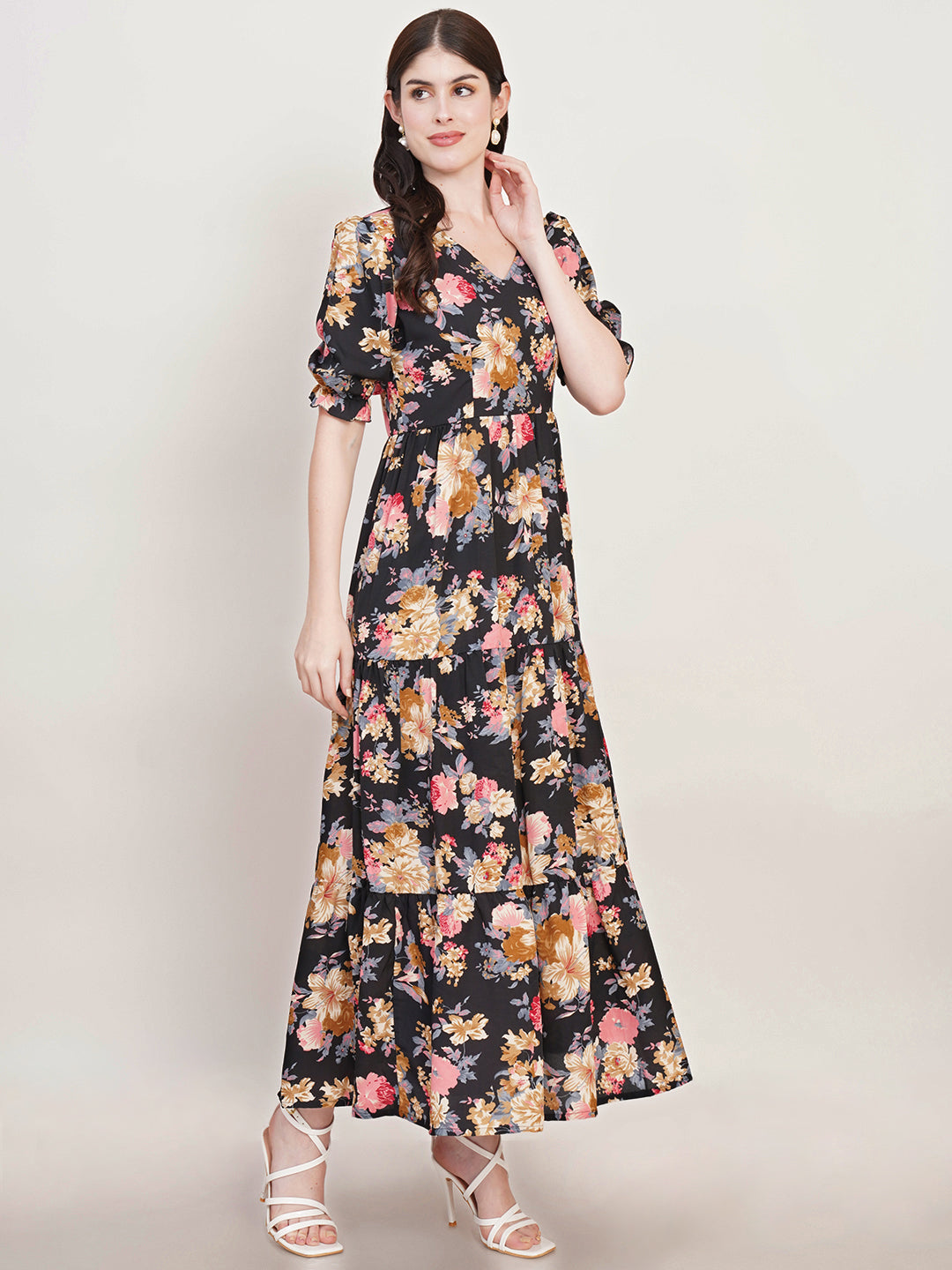 Women Floral Print Puff Sleeve Crepe Fit & Flare Maxi Dress