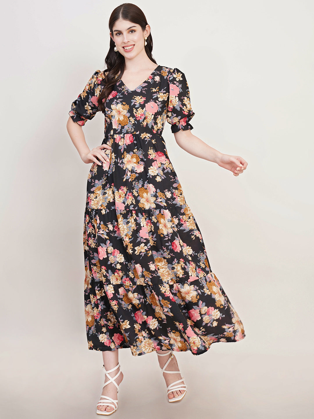 Women Floral Print Puff Sleeve Crepe Fit & Flare Maxi Dress