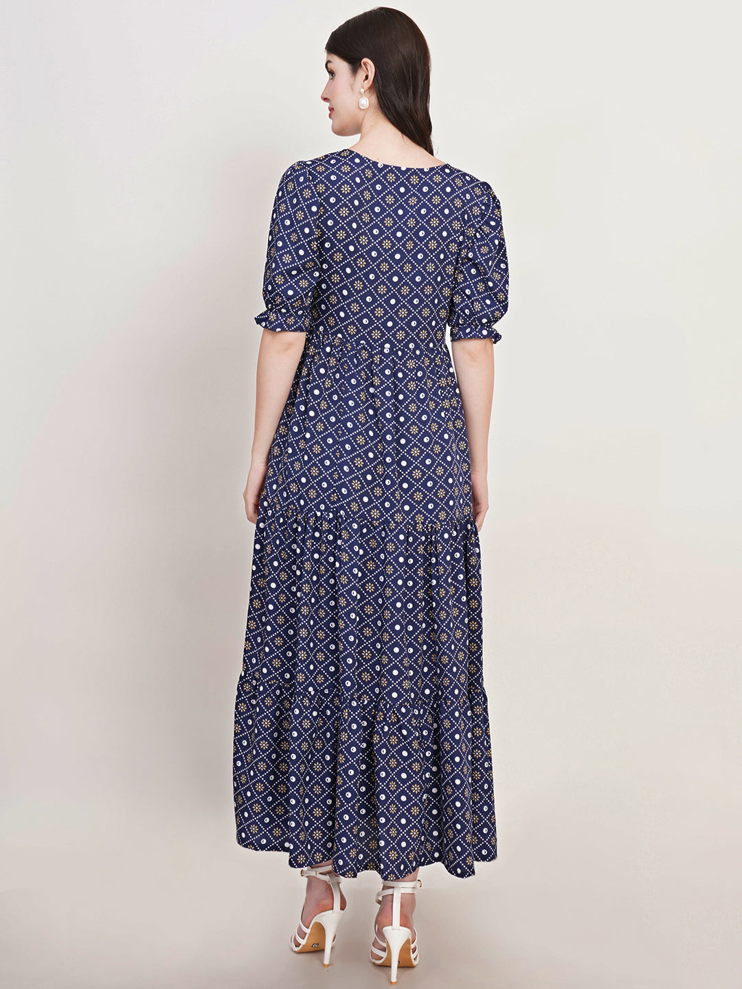 Women Navy Blue Ethnic Motifs Printed Puff Sleeve Crepe Fit & Flare Midi Dress