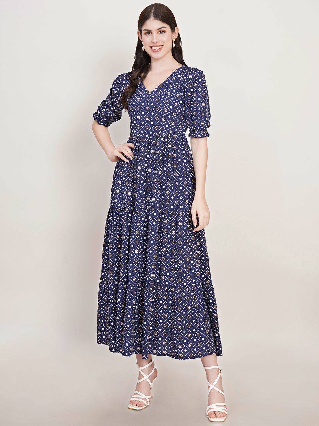 Women Navy Blue Ethnic Motifs Printed Puff Sleeve Crepe Fit & Flare Midi Dress