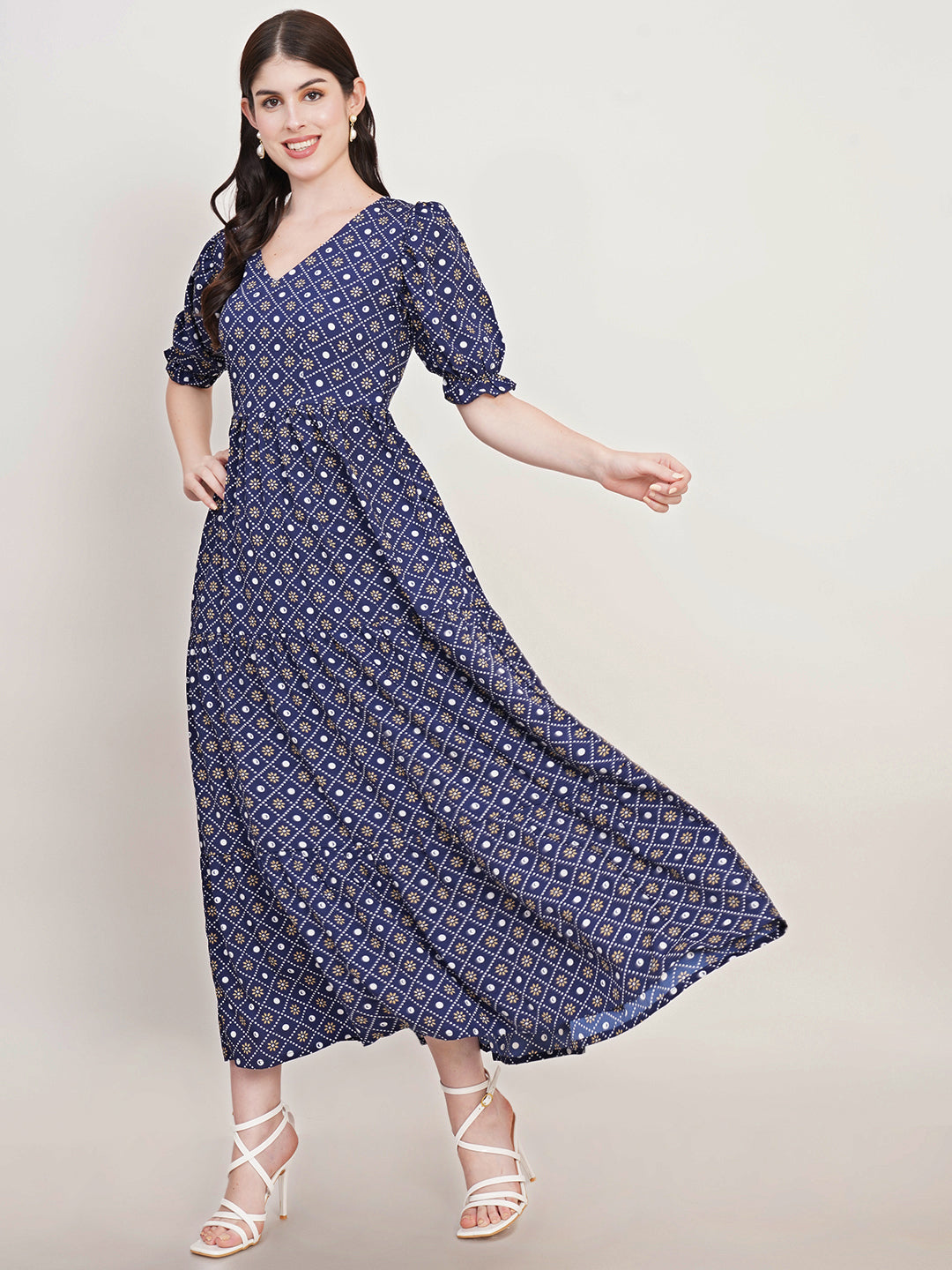 Women Navy Blue Ethnic Motifs Printed Puff Sleeve Crepe Fit & Flare Midi Dress