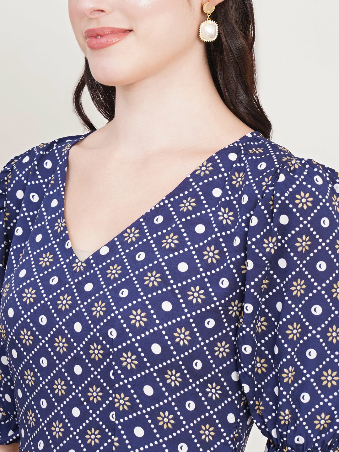 Women Navy Blue Ethnic Motifs Printed Puff Sleeve Crepe Fit & Flare Midi Dress