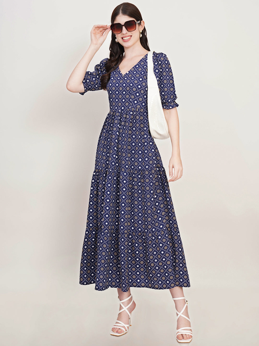 Women Navy Blue Ethnic Motifs Printed Puff Sleeve Crepe Fit & Flare Midi Dress