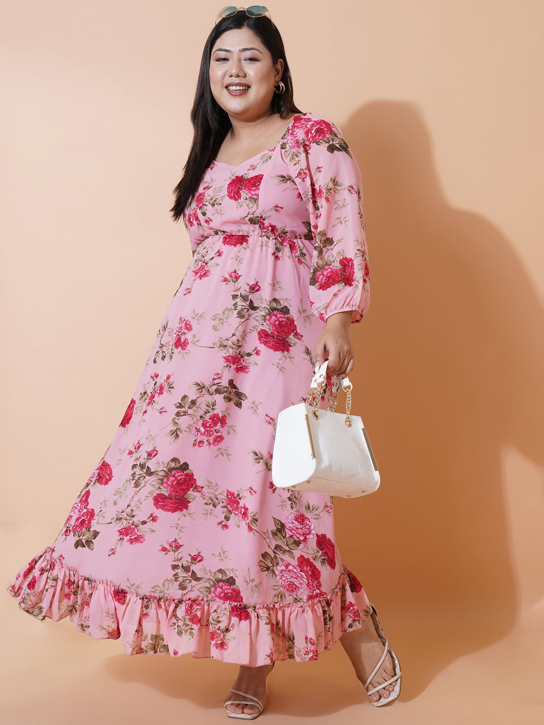 Women Plus size Georgette Sweetheart Neck Puff Sleeves Tiered Maxi Dress