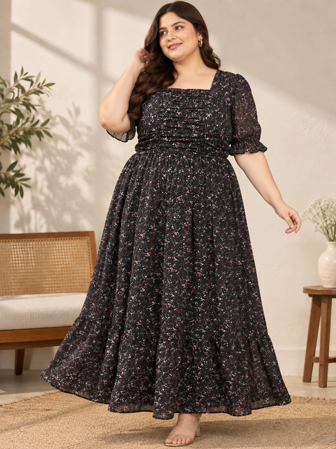 U&F Beyond Women Plus Size Georgette Black Floral Printed Square Neck Tiered Maxi Dress