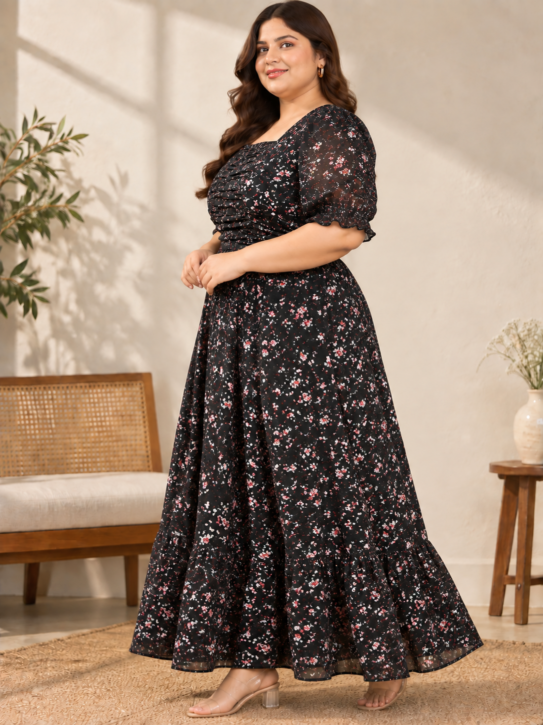 U&F Beyond Women Plus Size Georgette Black Floral Printed Square Neck Tiered Maxi Dress