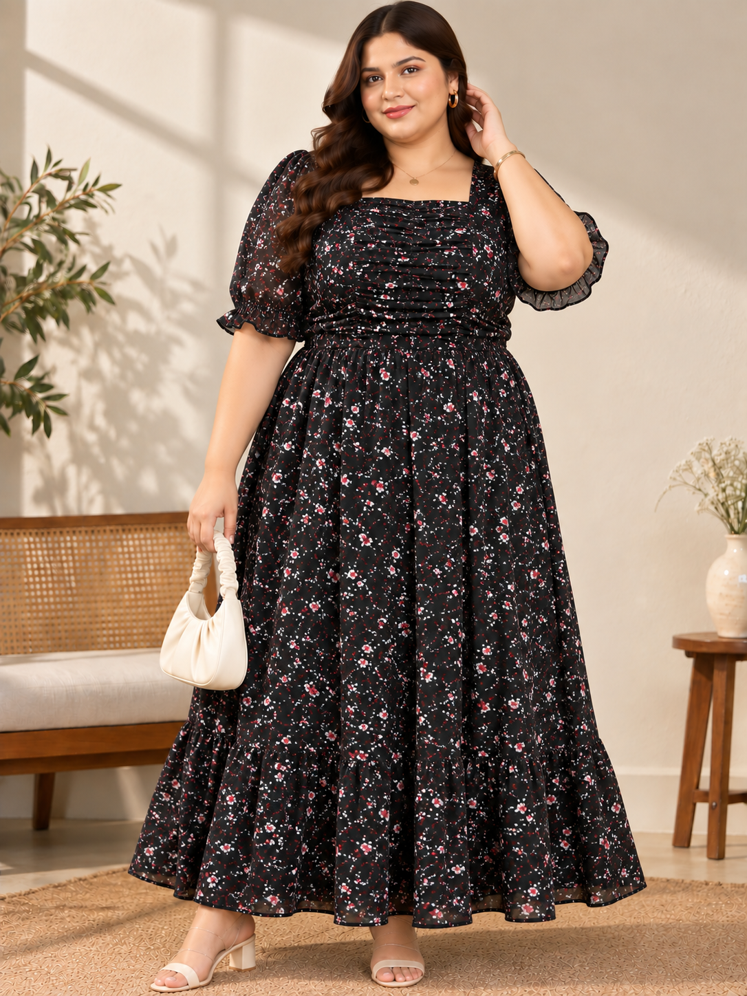 U&F Beyond Women Plus Size Georgette Black Floral Printed Square Neck Tiered Maxi Dress