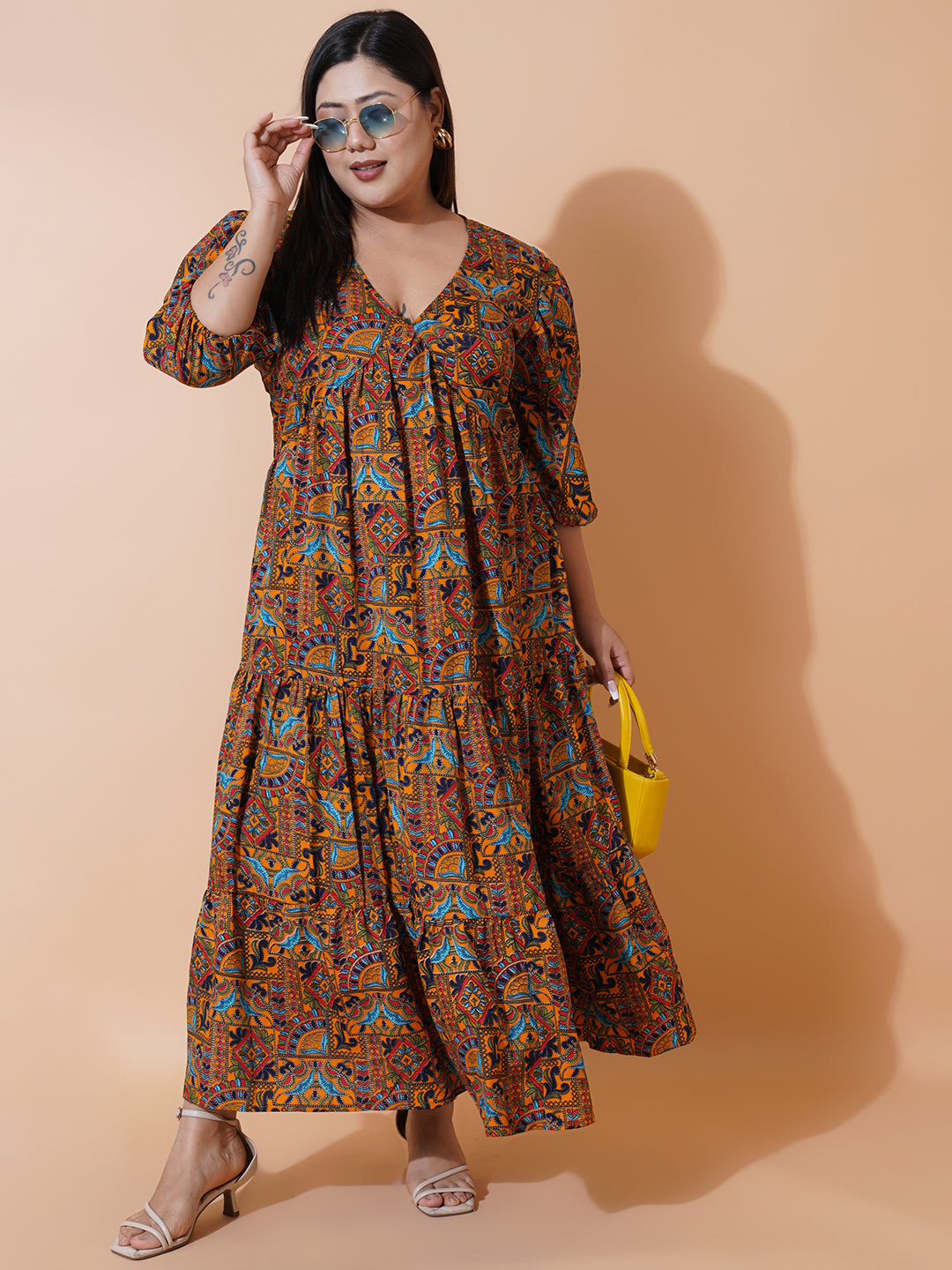 Women Plus Size Multi colour printed Crepe Maxi Dress