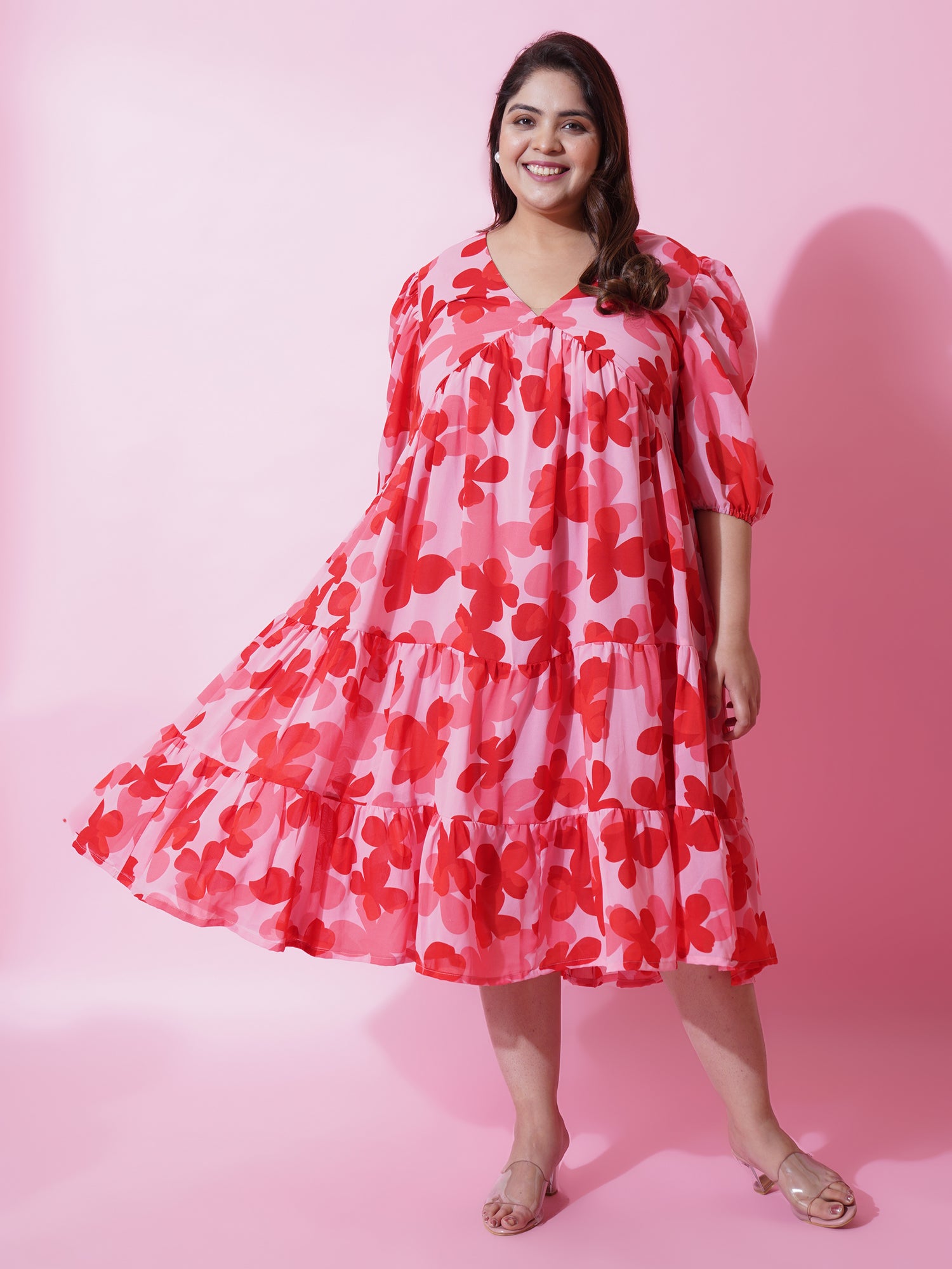 Women Plus Size Floral Printed Puffed Sleeves Tiered Fit and Flare Maxi Dress