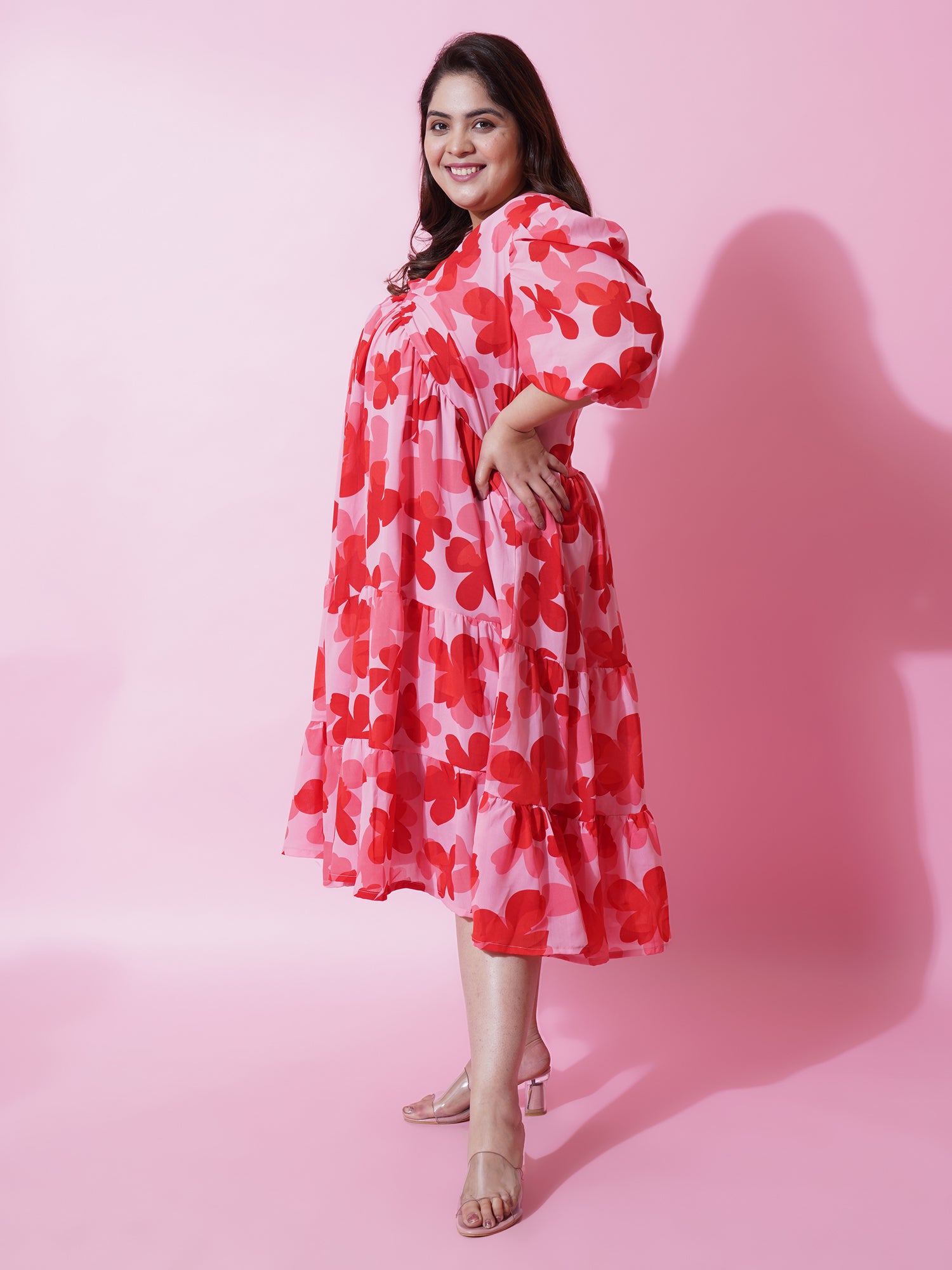 Women Plus Size Floral Printed Puffed Sleeves Tiered Fit and Flare Maxi Dress