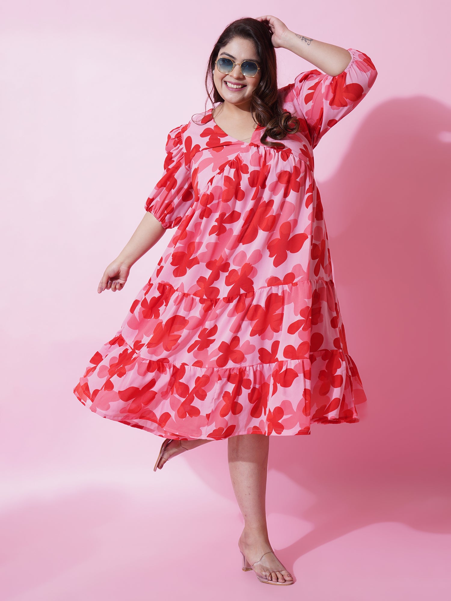 Women Plus Size Floral Printed Puffed Sleeves Tiered Fit and Flare Maxi Dress