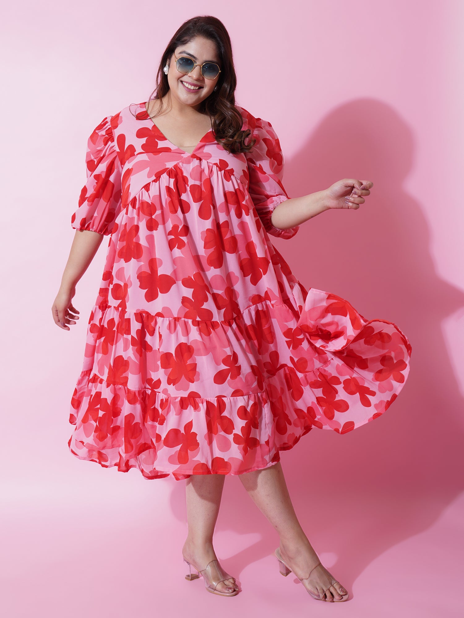 Women Plus Size Floral Printed Puffed Sleeves Tiered Fit and Flare Maxi Dress