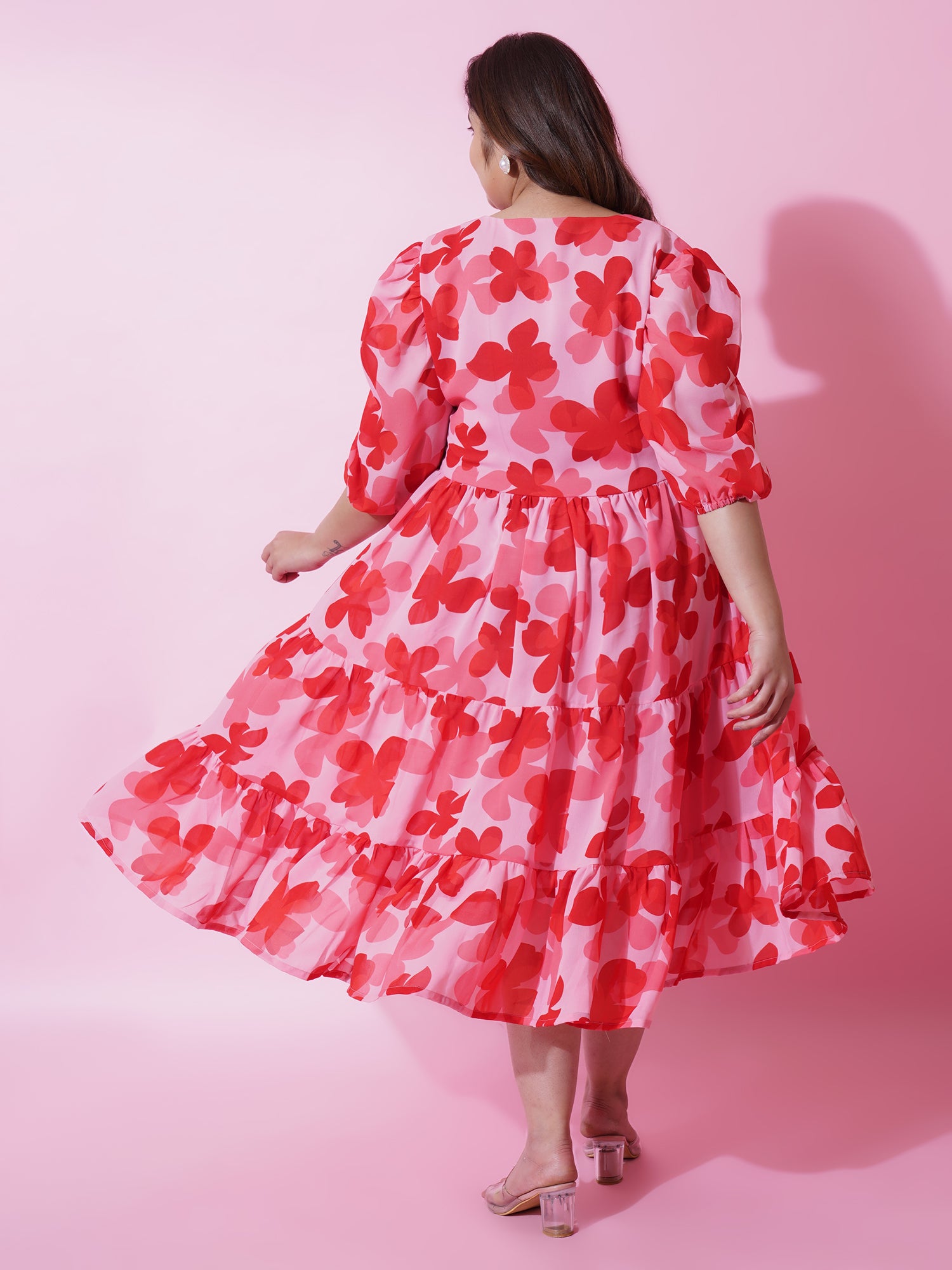 Women Plus Size Floral Printed Puffed Sleeves Tiered Fit and Flare Maxi Dress