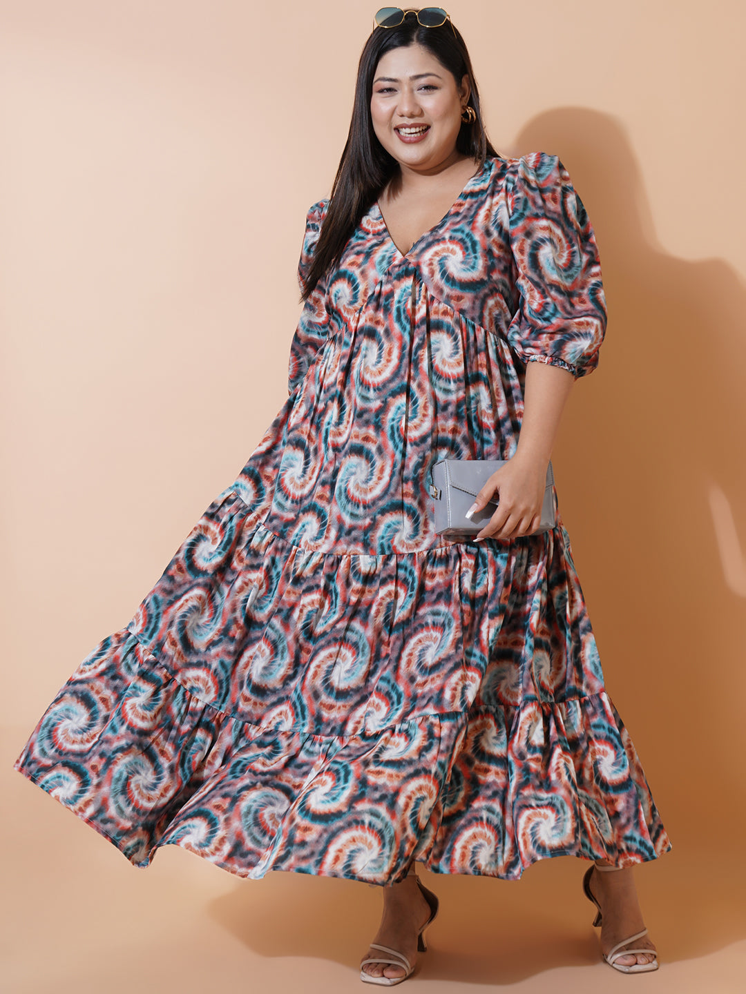 Women Plus Size Multi colour printed Crepe Maxi Dress
