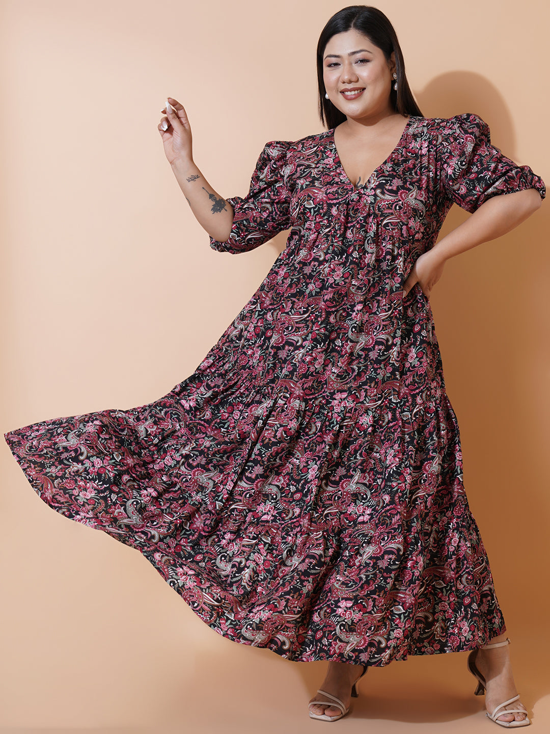 Women Plus Size Multi colour printed Crepe Maxi Dress