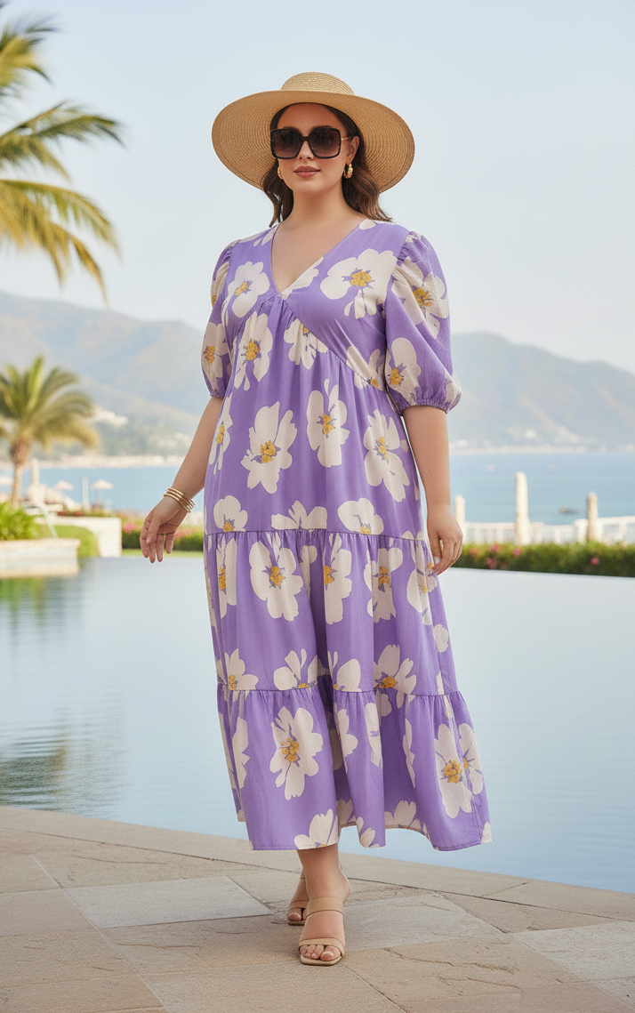 U&F Beyond Women Plus Size Floral Print Puff Sleeve Tiered A-Line Midi Dress