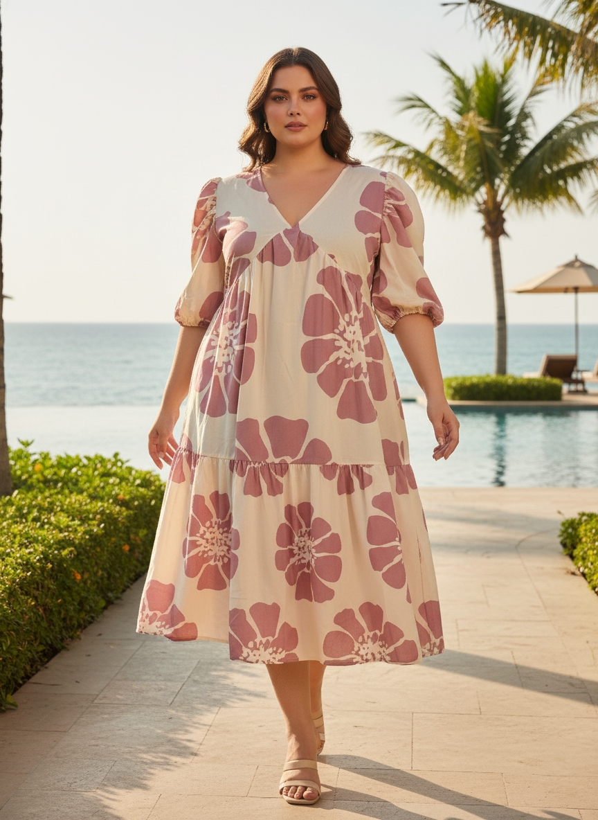 U&F Beyond Beige Floral Tiered Midi Dress