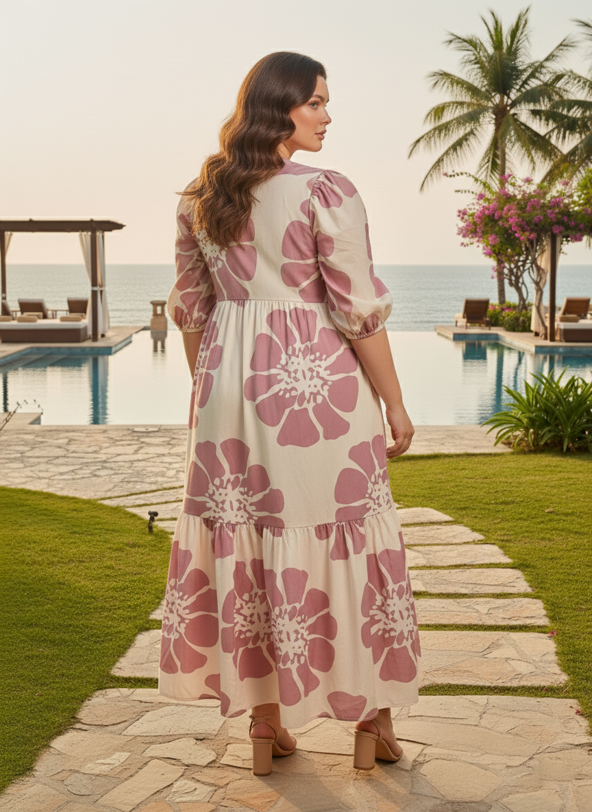 U&F Beyond Beige Floral Tiered Midi Dress