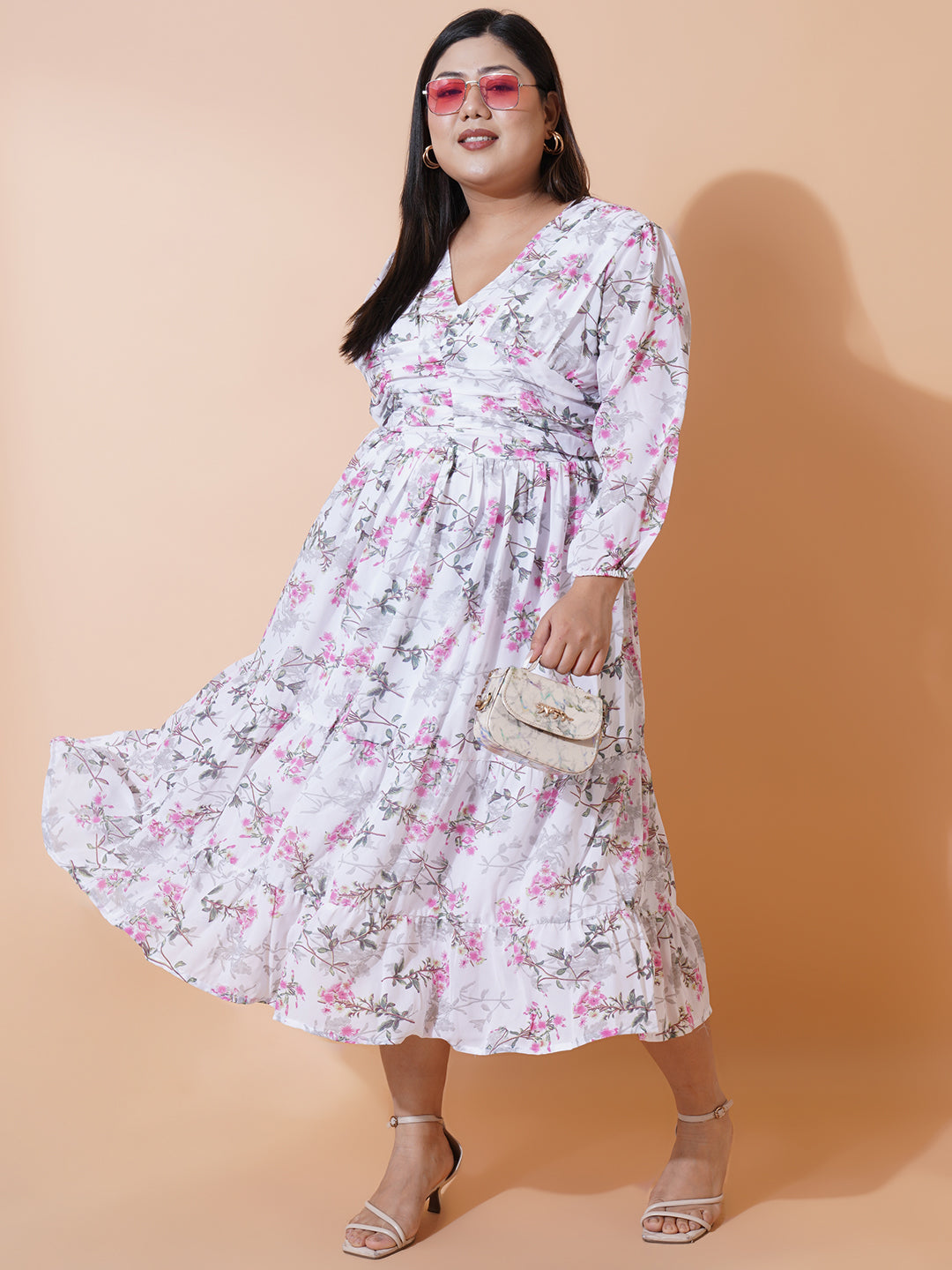 Women Plus size Georgette V-Neck Tiered Dress