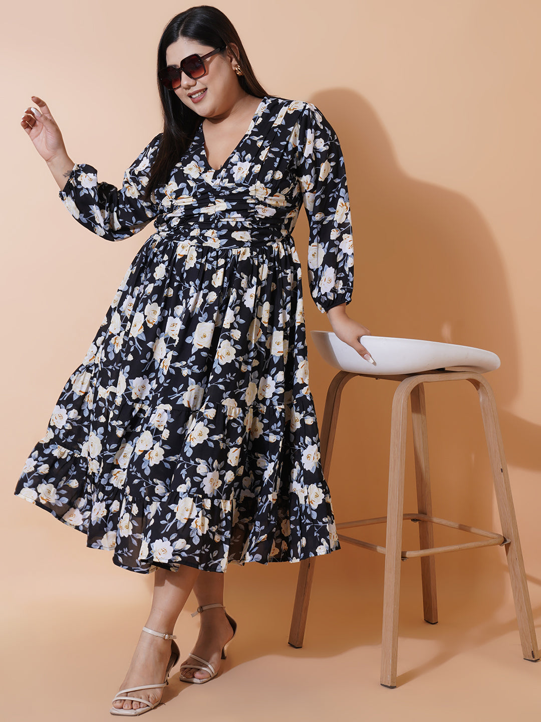 Women Plus size Georgette V-Neck Tiered Dress