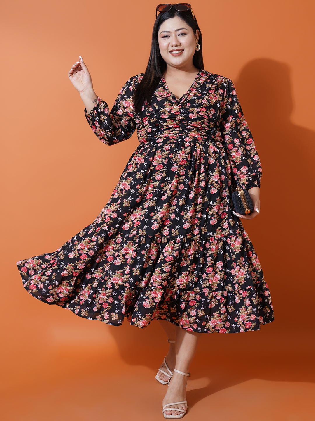 Women Plus size Georgette V-Neck Tiered Dress