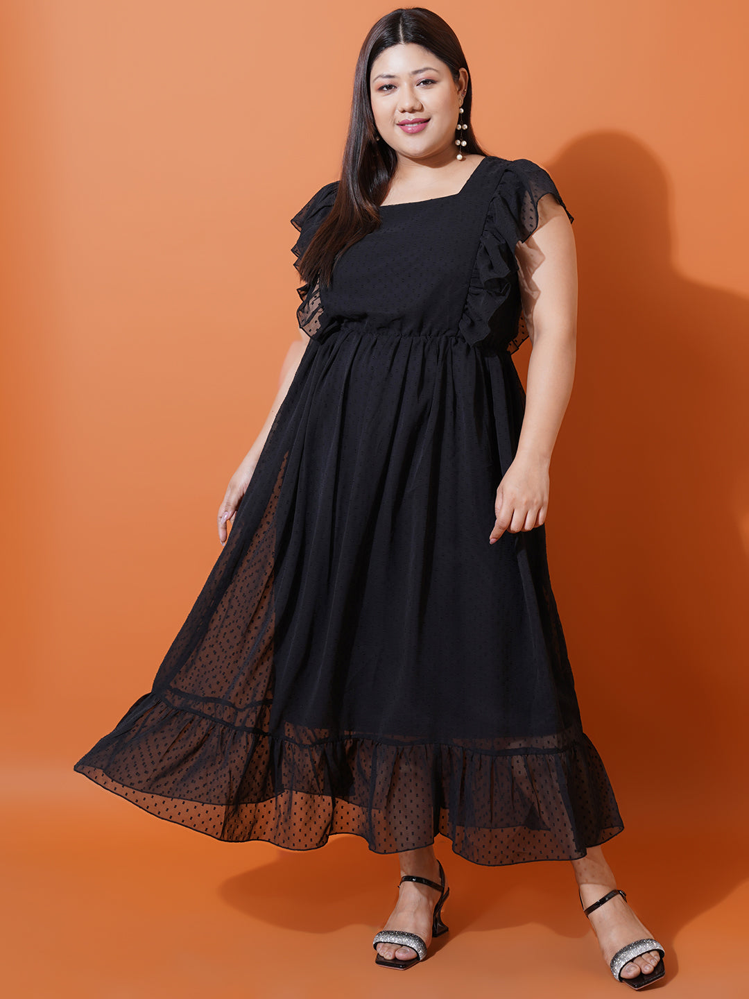 Women Plus Size Georgette Square Neck Ruffle Sleeve Dress