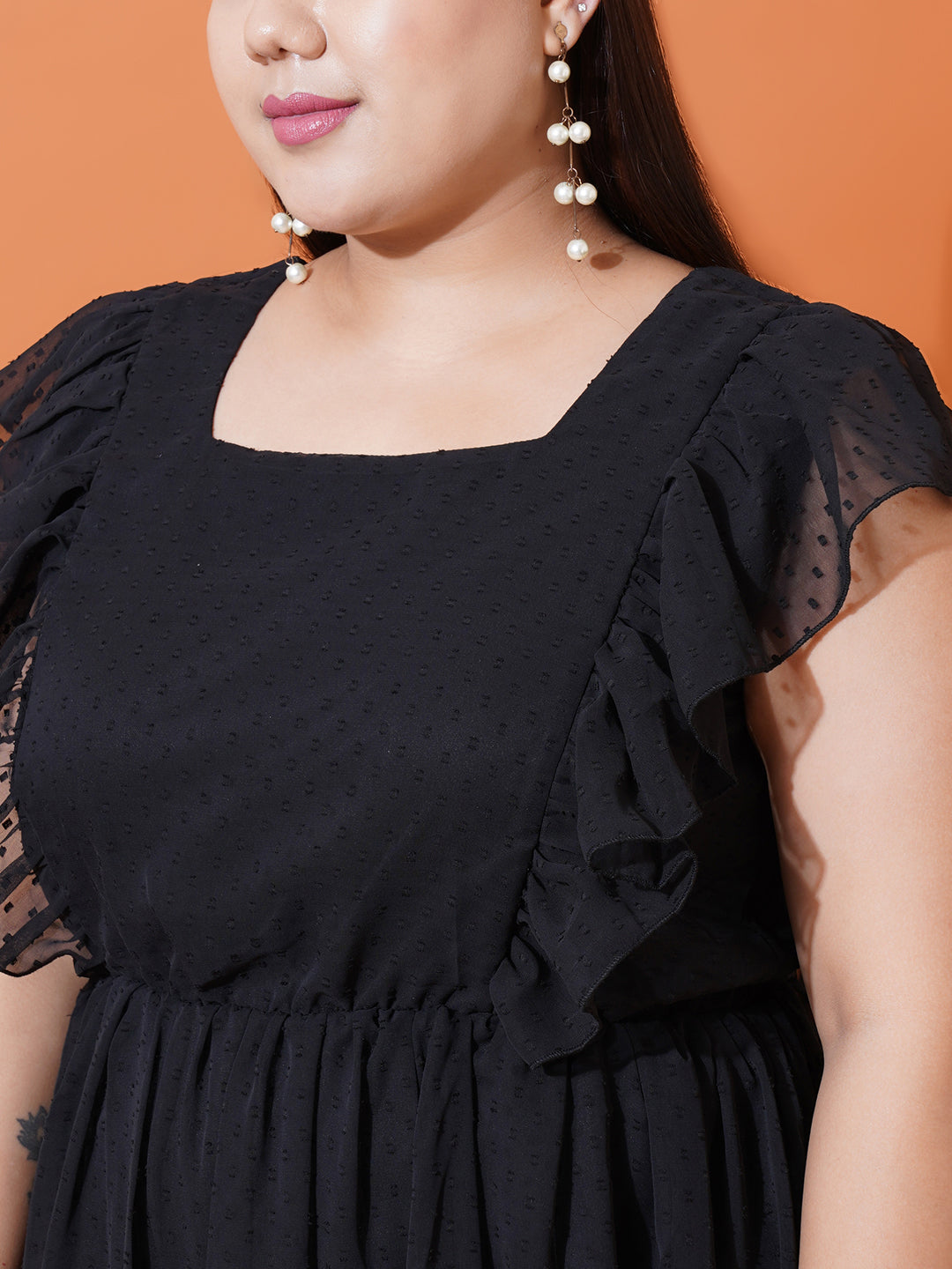 Women Plus Size Georgette Square Neck Ruffle Sleeve Dress