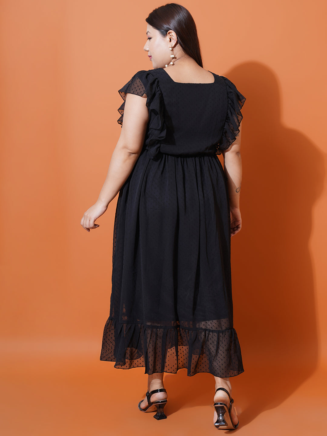 Women Plus Size Georgette Square Neck Ruffle Sleeve Dress