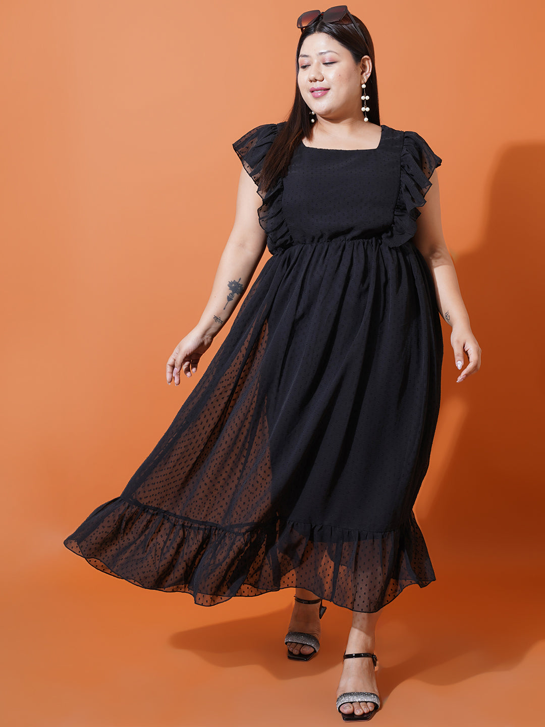 Women Plus Size Georgette Square Neck Ruffle Sleeve Dress