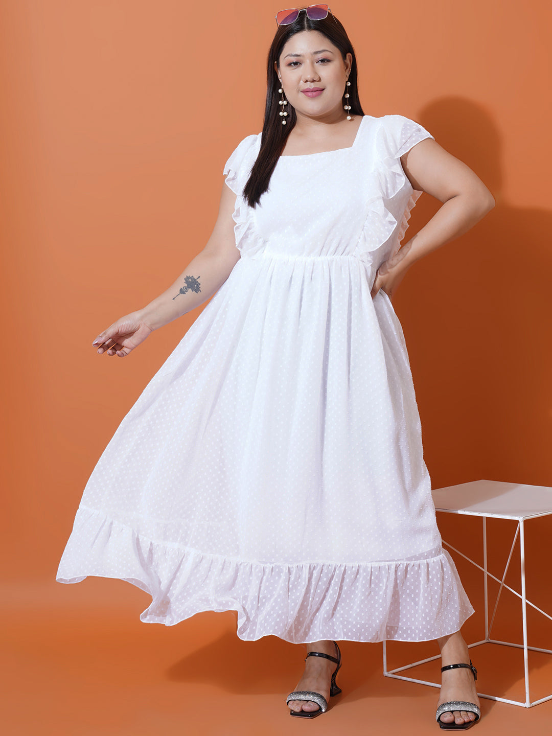 Women Plus Size Georgette Square Neck Ruffle Sleeve Dress