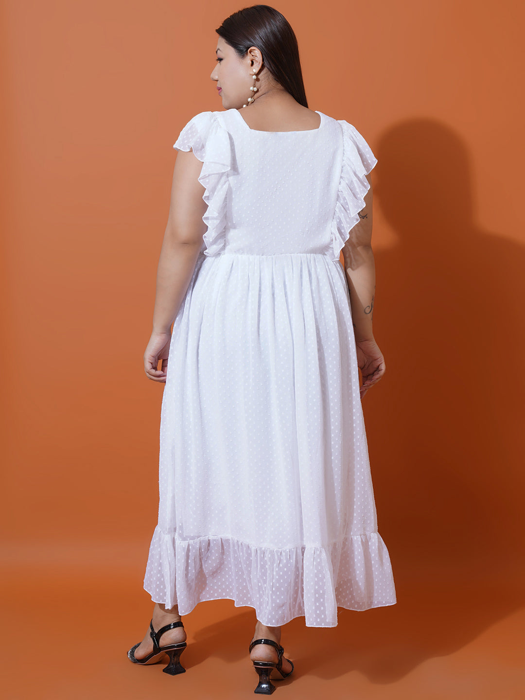 Women Plus Size Georgette Square Neck Ruffle Sleeve Dress