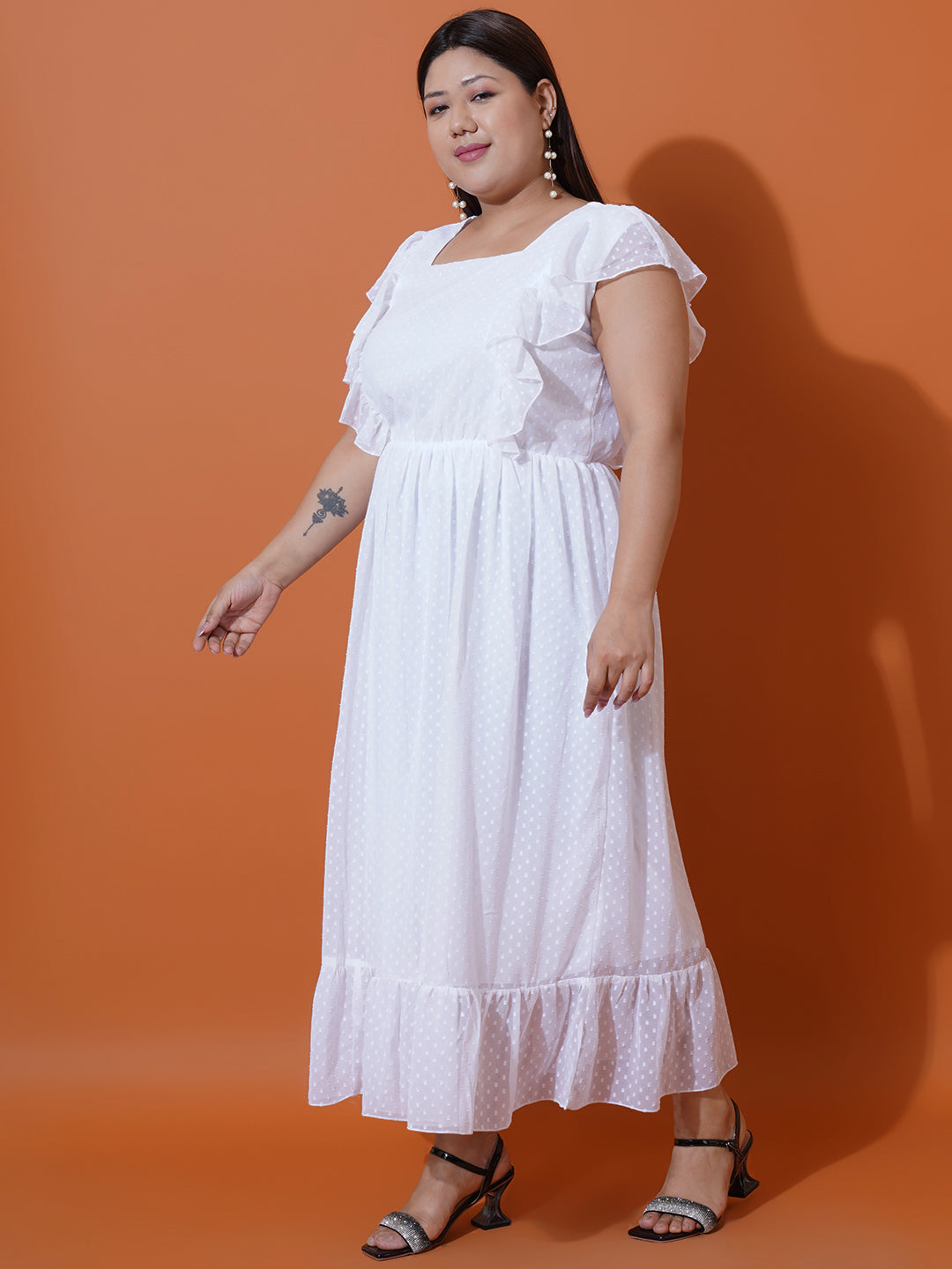 Women Plus Size Georgette Square Neck Ruffle Sleeve Dress