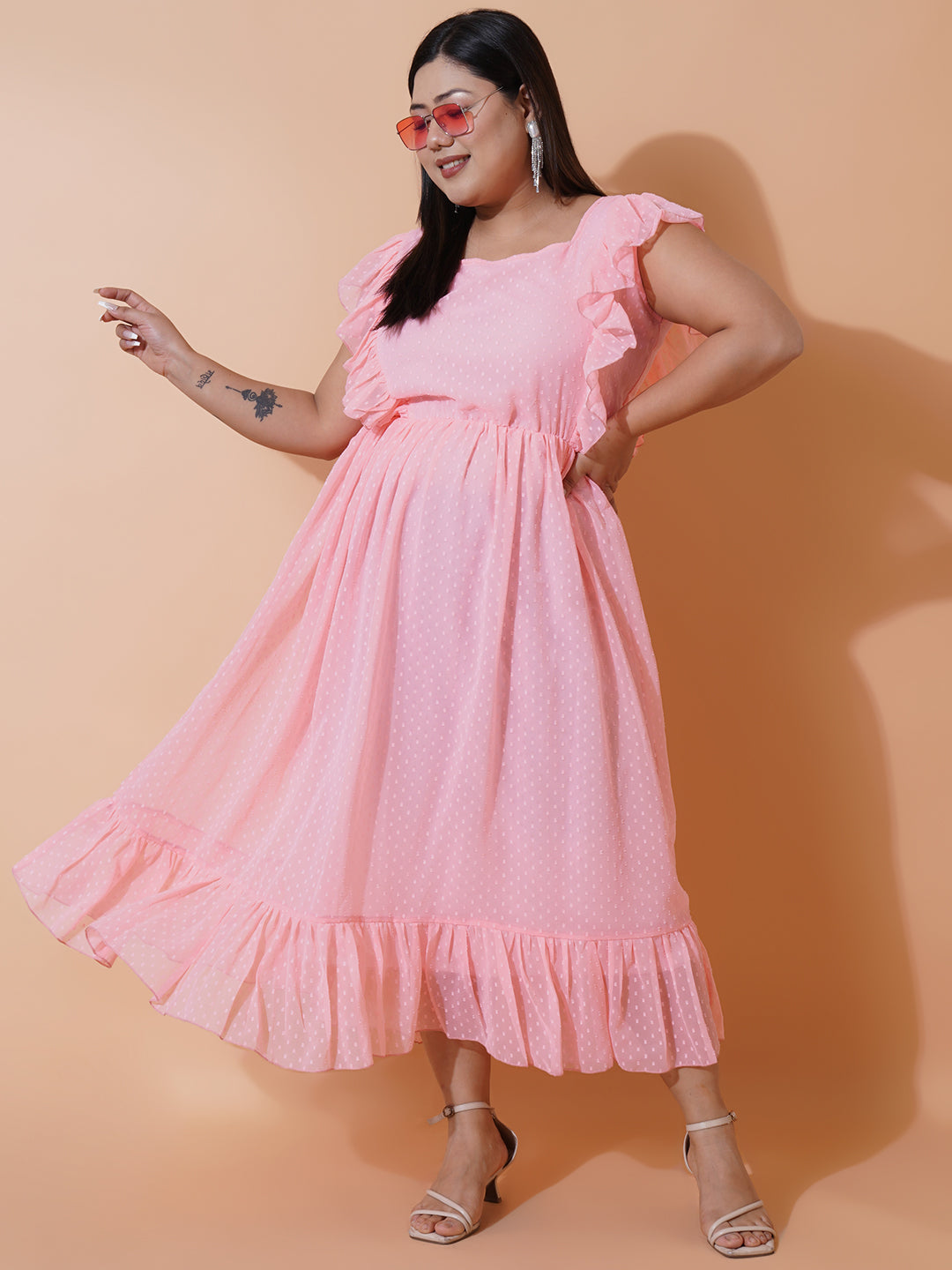 Women Plus Size Georgette Square Neck Ruffle Sleeve Dress