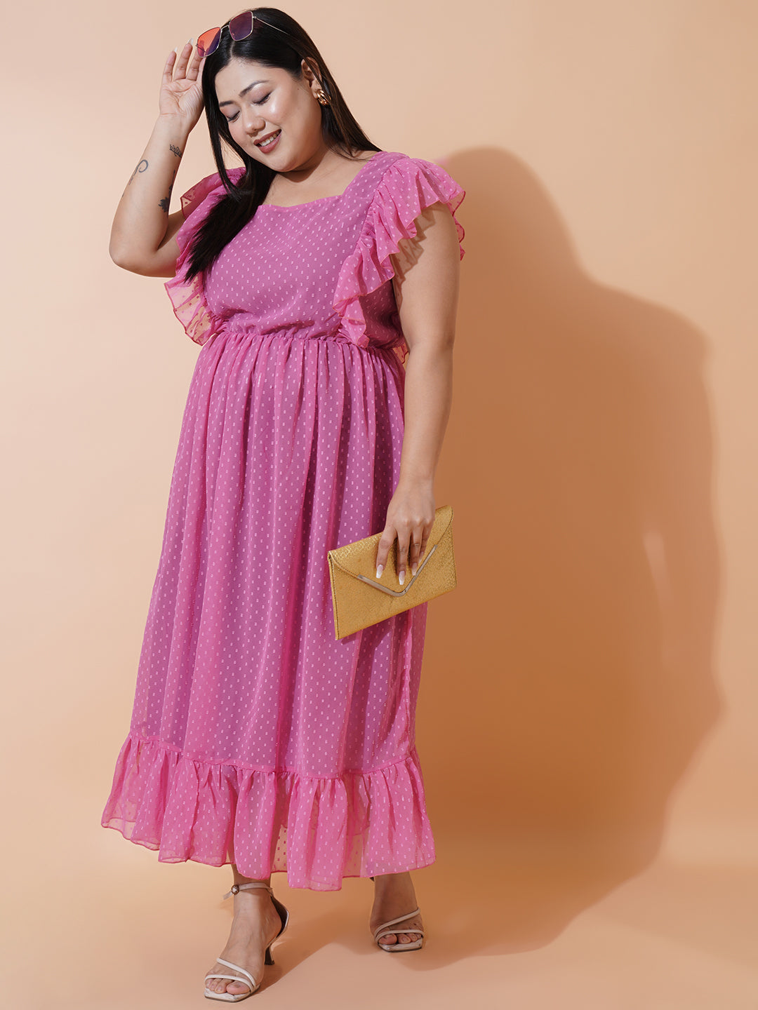 Women Plus Size Georgette Square Neck Ruffle Sleeve Dress