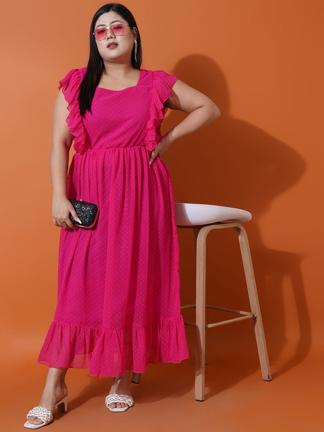 Women Plus Size Georgette Square Neck Ruffle Sleeve Dress
