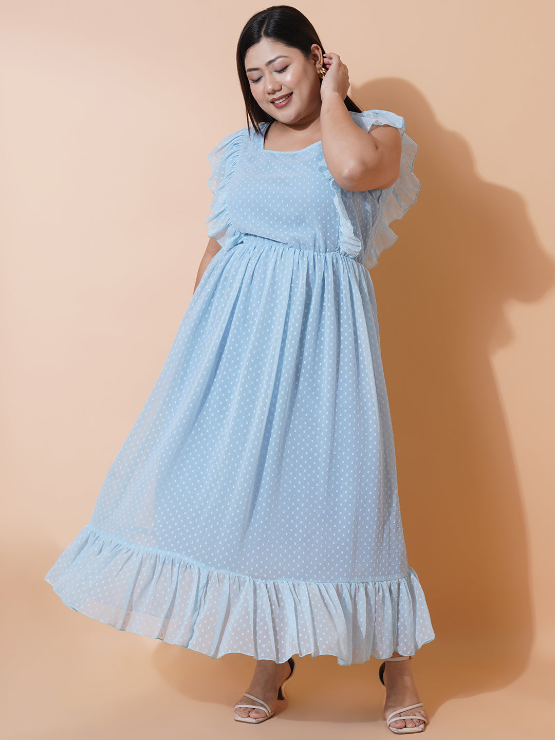 Women Plus Size Georgette Square Neck Ruffle Sleeve Dress