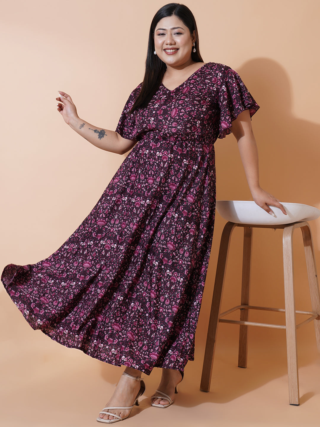 Women Plus Size Burgundy Printed Crepe Maxi Dress